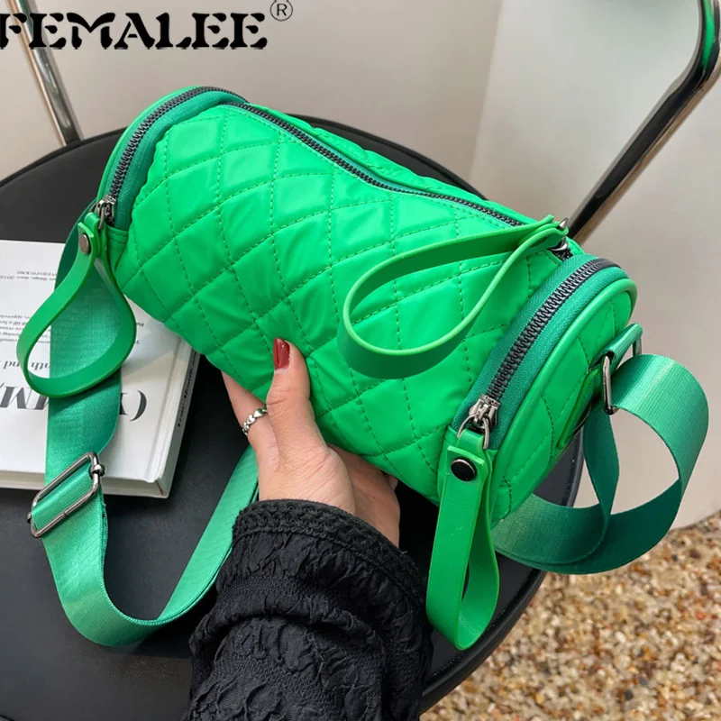 

Diamond Lattice Fashion Quilted Barrel-Shaped Handbags Wide Strap Designer Plaid Cylinder Shoulder Purses 2022 Women Hand Bags