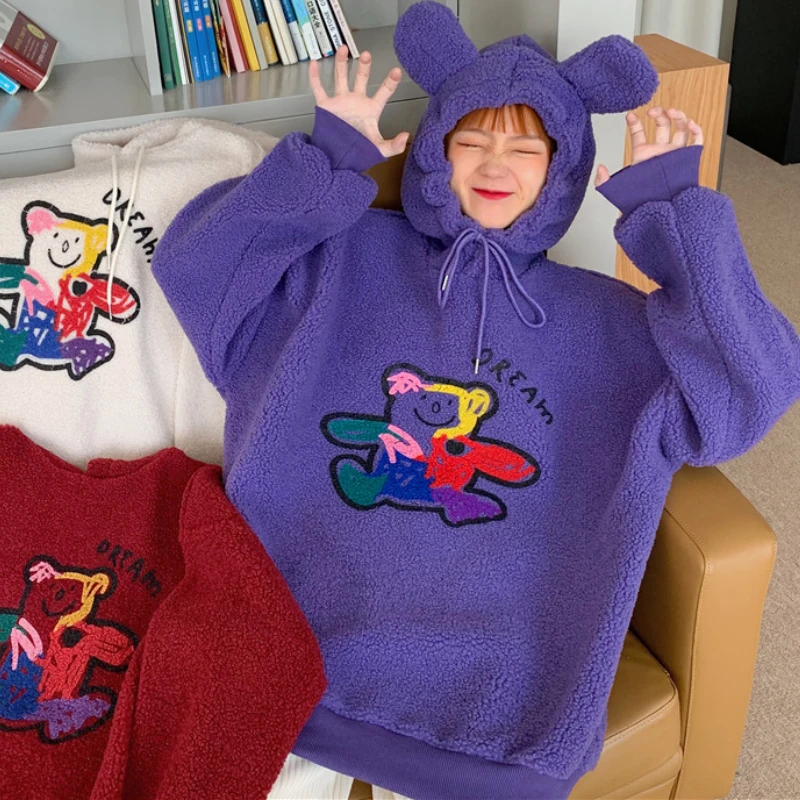 

Женские свитшоты Kawaii с принтом медведя, универсальные Свободные повседневные пуловеры с капюшоном с ушками медведя, модные толстовки для д...