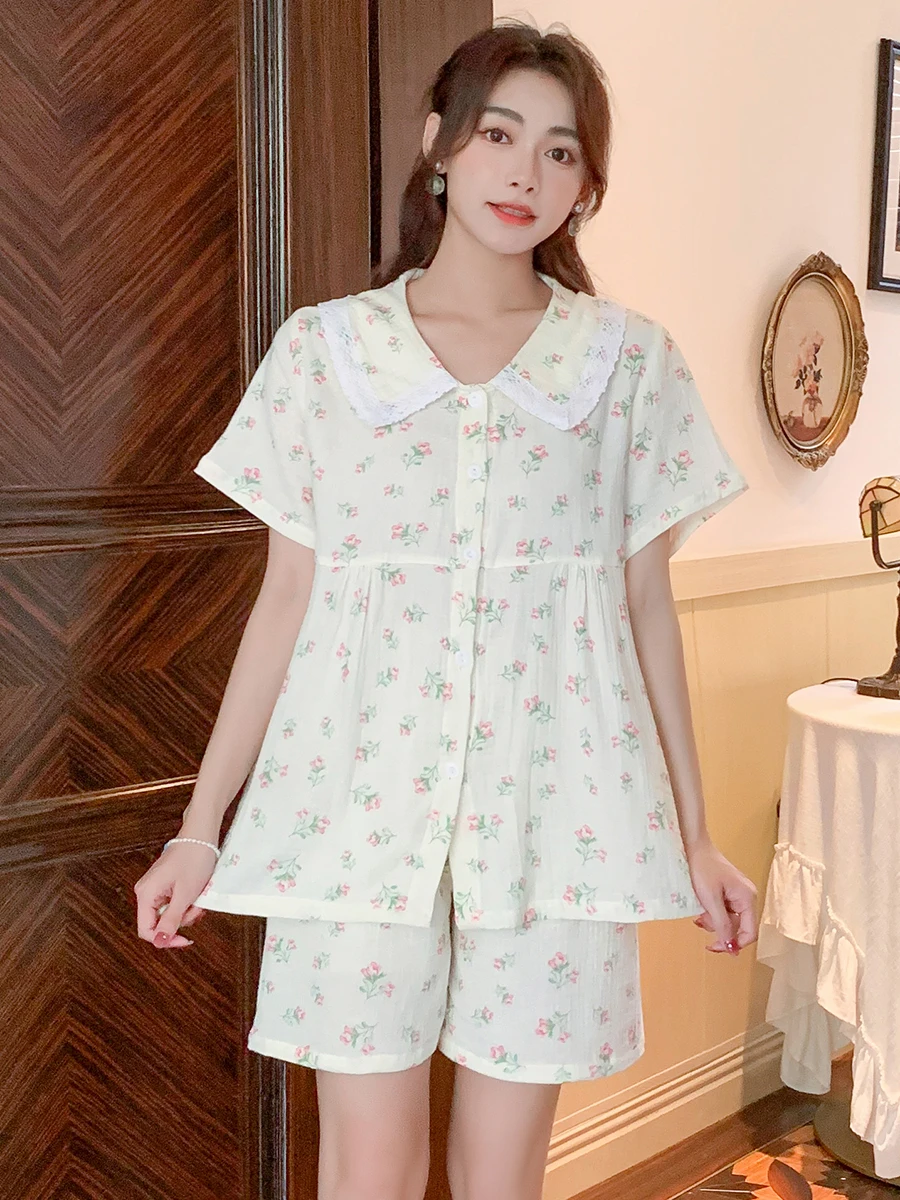 Pastoral floral doll collar short-sleeved shorts pajamas women's summer thin cotton gauze cardigan home service suit