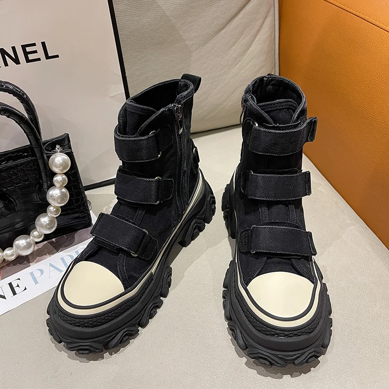 

High-top Shoes Women's Thick-sed Black Canvas Shoes 2023 Autumn New Retro and d Toing Boots Casual Platform Sneakers
