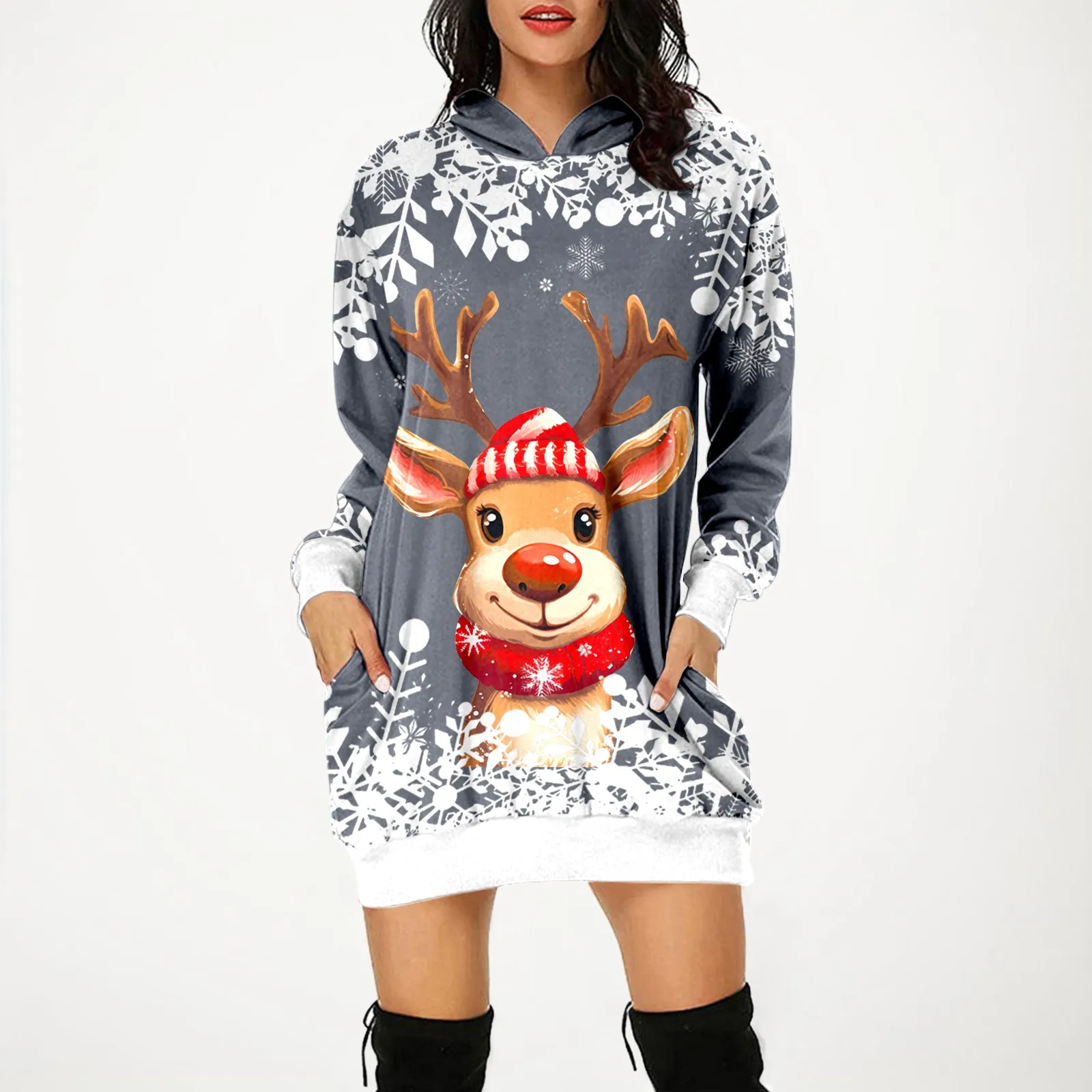 Новогодние толстовки с капюшоном длиной миди 2024 рождественский свободный