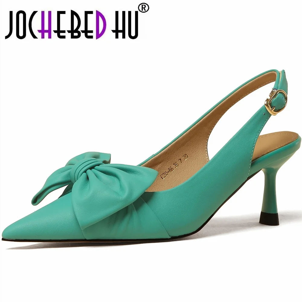 

【JOCHEBED HU】Fashion Thin High Heels Slingback Genuine Leather Sandals Pointed Toe Slip On Mules Shoes Ladies Elegant Shallow 40