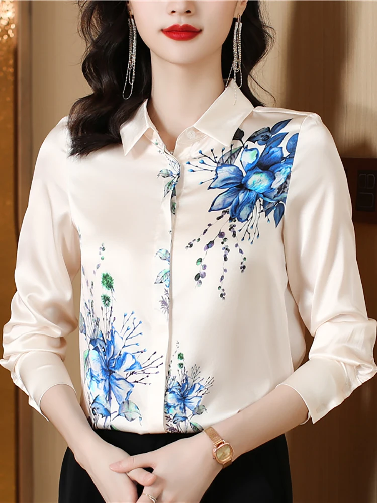 

Женская шелковая рубашка-поло с длинным рукавом и цветочным принтом