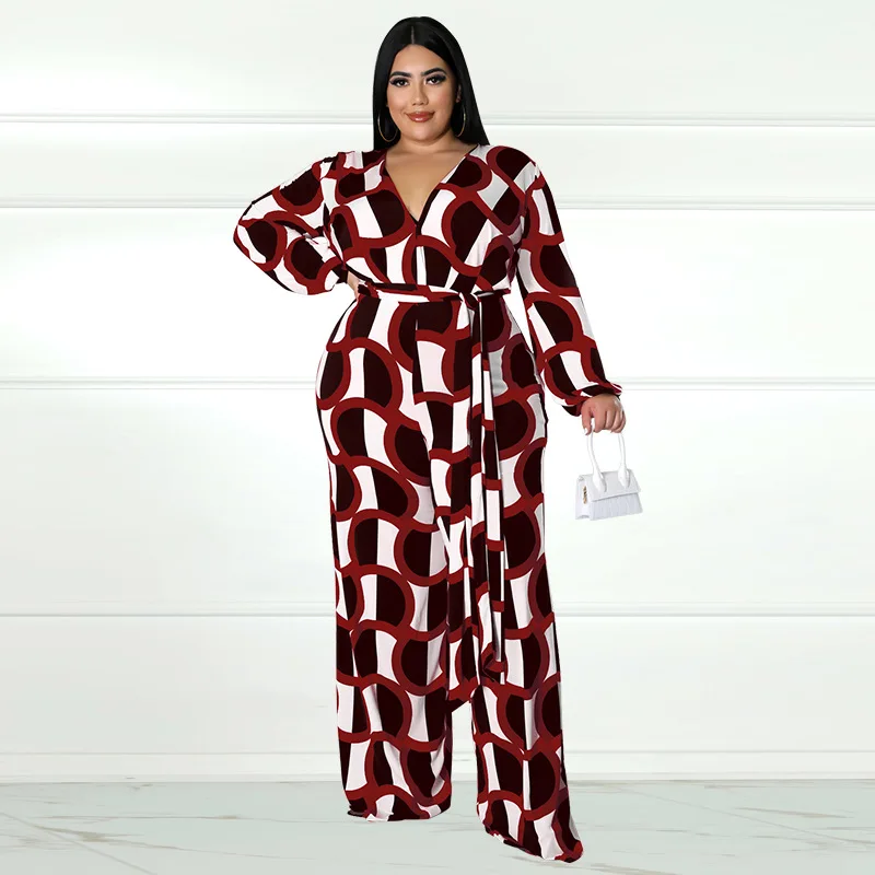 Plus Size Women's Clothing 2022 Fall New Long Sleeve Print Fashion Casual Ladies Jumpsuit XL-5XL Oversized