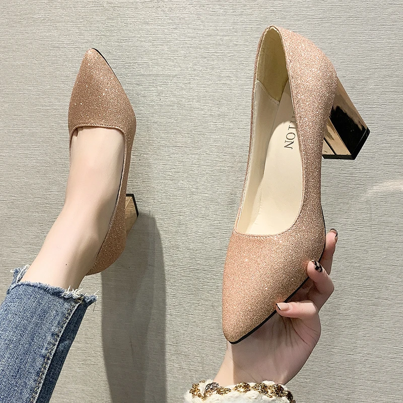 

2022 Bling 7cm Square Heels Pumps Women Shoes Sequined Metal Design Sexy Wedding Party Official Leisure Big Szie 33-43
