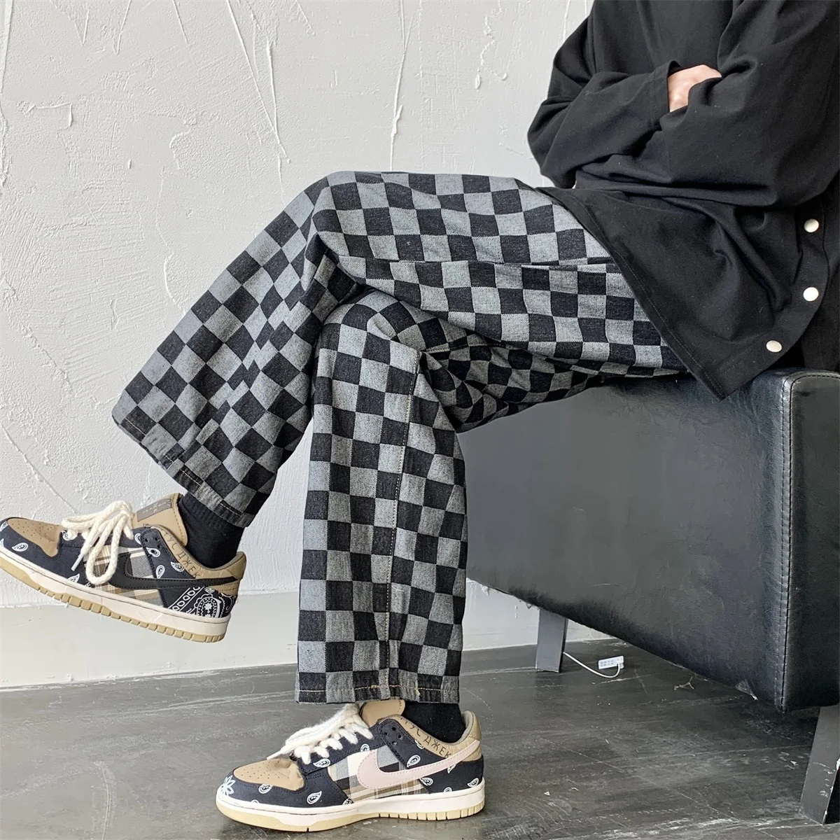 Checkerboard Print Jeans for Men 2021 Fashion Trends Straight Clothes Teen Casual  Baggy Denim Pant Boyfriend Hip Hop Streetwear
