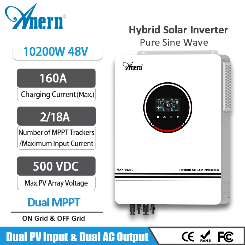 

Anern 8.2KW 10.2KW Solar Inverter Off Grid on Grid 48v Photovoltaic Hybrid Inverter Dual MPPT 160A Solar Charger 230V PV 500Vdc