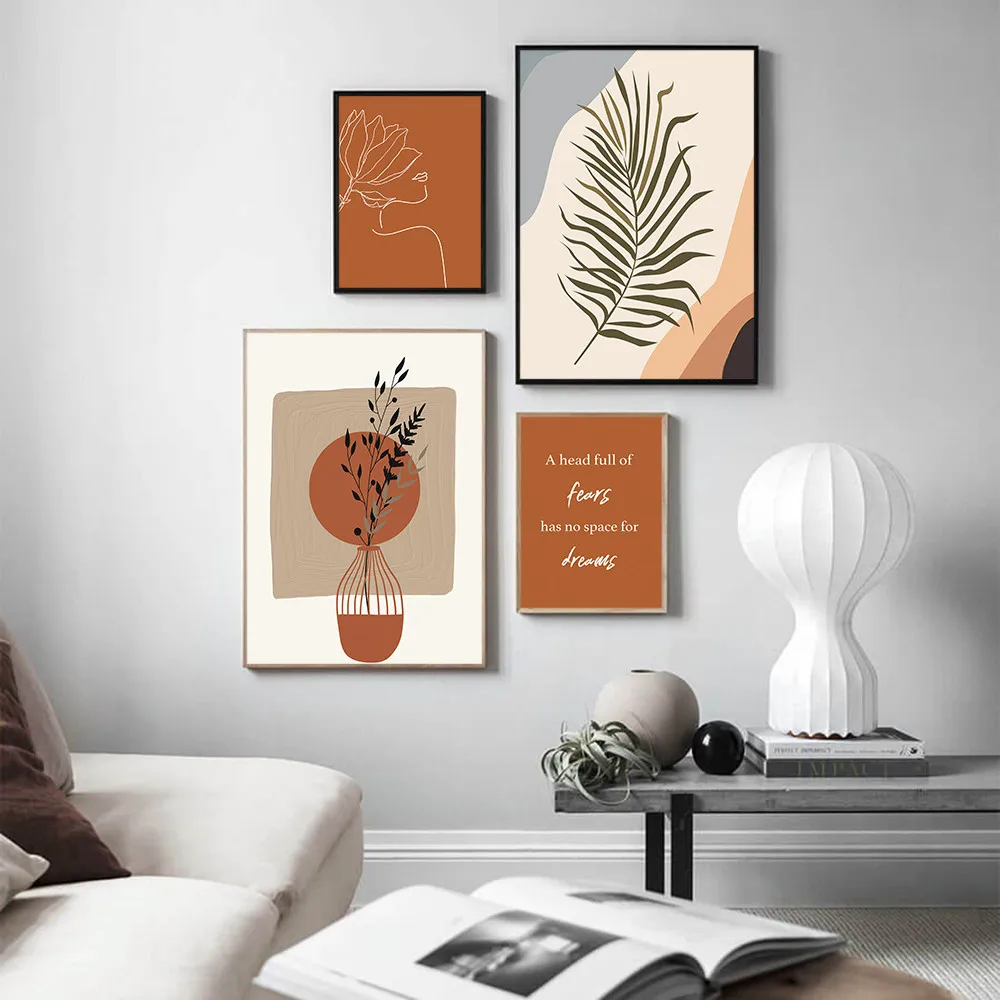 Boho Simple Tropical Plants Canvas Wall Art Poster Scandinavian Orange Women Sketch Line Painting for Bedroom Living Room