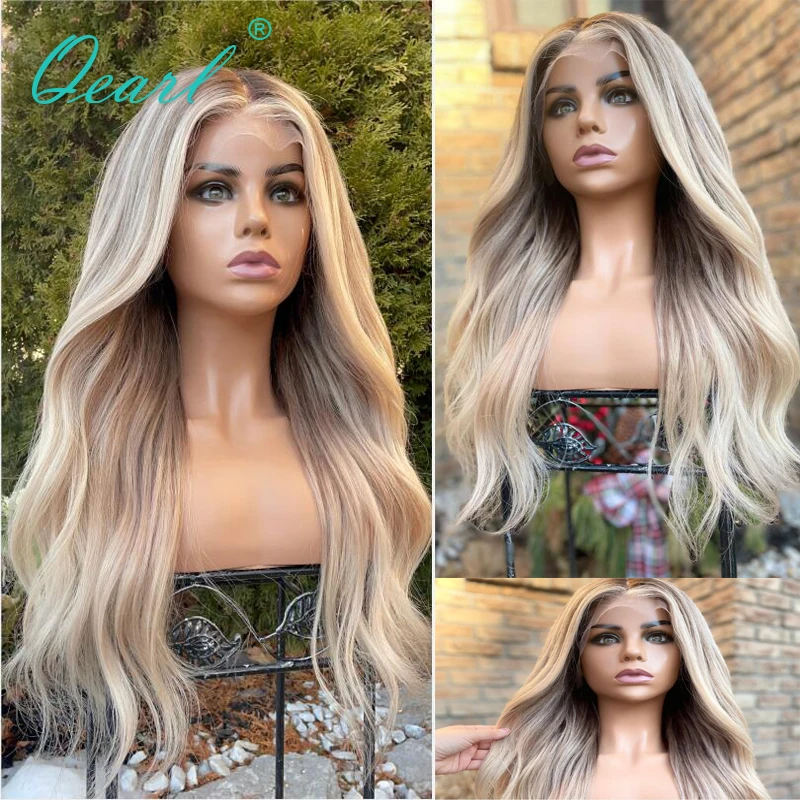 Virgin Hair Wigs Human Hair HD Full Lace Wig Light Ash Blonde Brown Balayage Ombre Lace Frontal Wig Natural Wave 13x6 150% Qearl