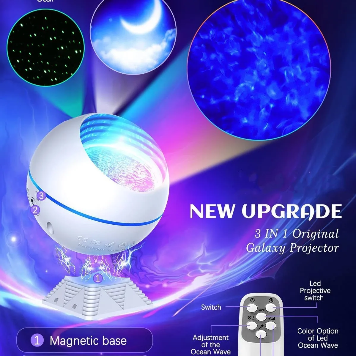 

LED Night Light Galaxy Projector Auto Timmer Romote Control Brightness Adjustable Magnetic Base Starry Sky Projector Room Decor