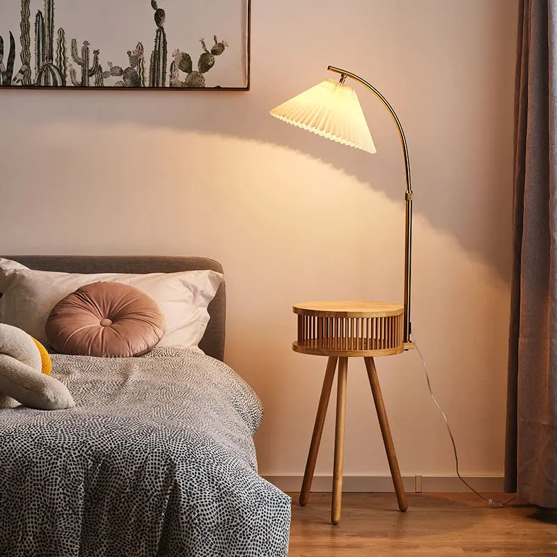 

Japanese-Style Floor Lamp High-Grade Nordic Vintage Pleated Living Room Bedroom Bedside Table Solid Wood Storage Rack Tea Table