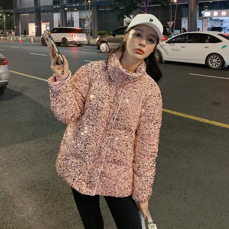 Sequins Design Puffer Jackets for Women Winter Clothing Teenage Girls Bubble Coats Korean Fashion Trends Bling Bling Streetwear