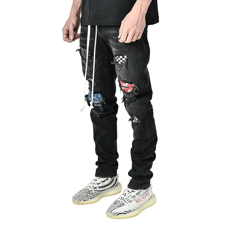 Men's Skinny Ripped Jeans Fashion Grid Beggar Patches Slim Fit Stretch Casual Denim Pencil Pants Painting Jogging Trousers Men