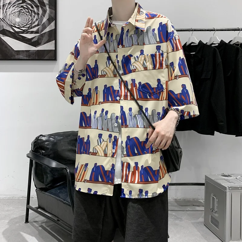 

YASUGUOJI Streetwear Cartoon Printed Short Sleeve Shirt Men Casual 2022 Hawaii Beach Oversize Fashion Harujuku Shirts for Men