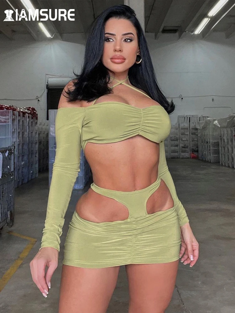 

IAMSURE Sexy Slim Hollow Out Drawstring Dress Set Women 2022 Fashion Skinny Slash Neck Halter Crop Tops High Waisted Mini Skirts