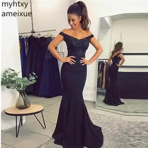 Sexy  Elegant Off Shoulder Lace Mermaid Chic Custom Evening Dresses Appliques Beading Black Party  mal Gown Robe De Soiree 2022