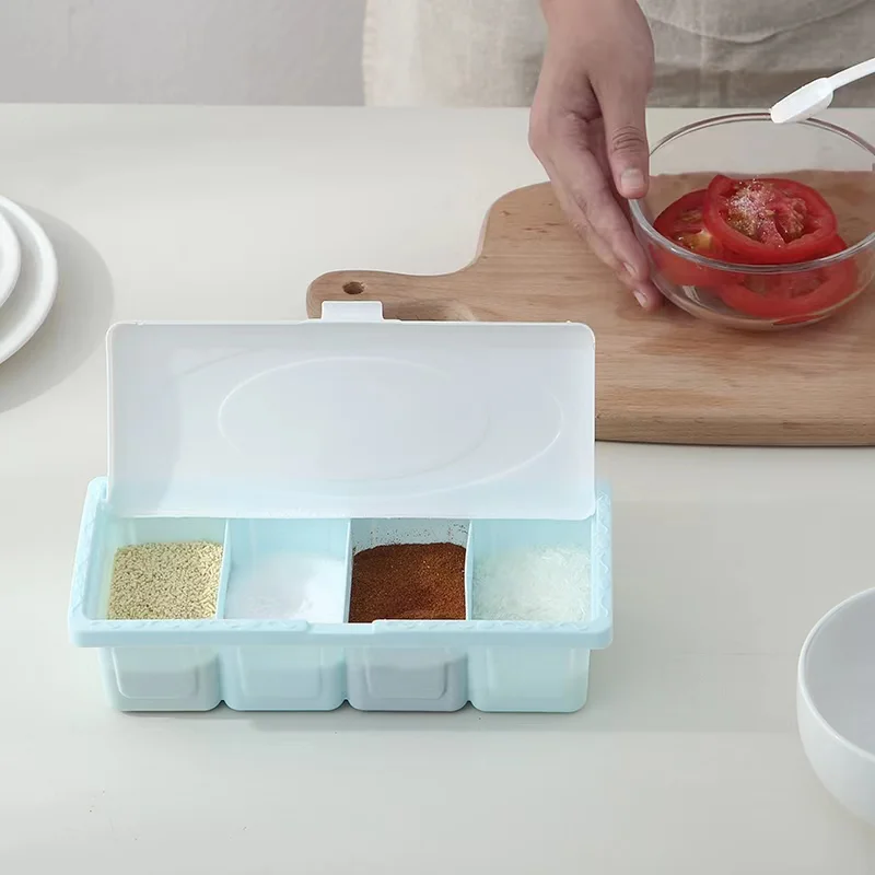 

Креативная кухонная коробка для специй, пластиковые четыре отделения с ложкой, Домашний Органайзер, банки для хранения, посуда, гаджеты, пищевой контейнер