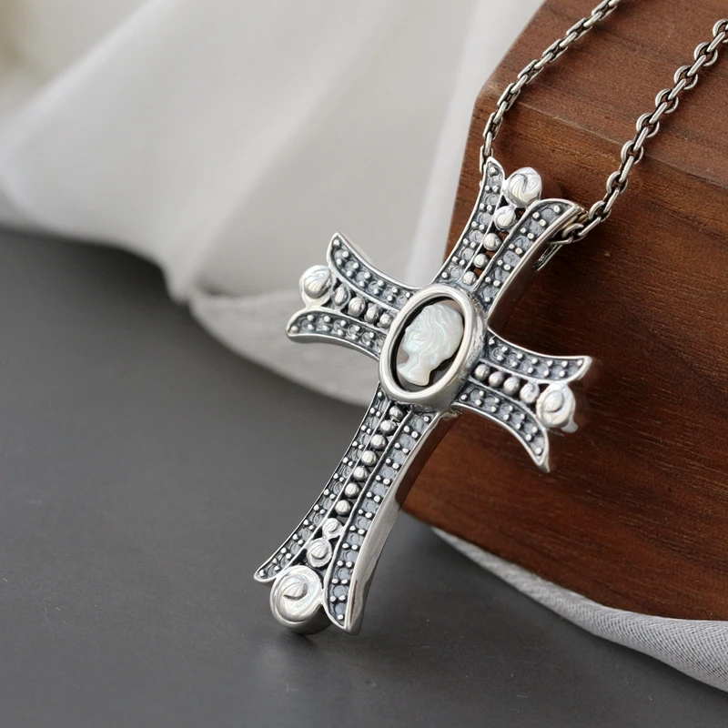 

Подвеска из натурального серебра, инкрустированная натуральным жемчугом, ракушками, в стиле ретро, в национальном стиле, с крестом Иисуса, ю...