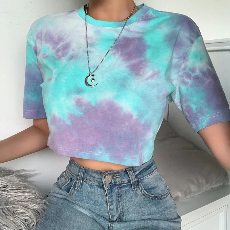 

Summer Women's All-match Neon Print Bottom Short Tee Clothes High Streetwear Tshirts Casual Tie Dyeing Short Sleeve O-neck Tops