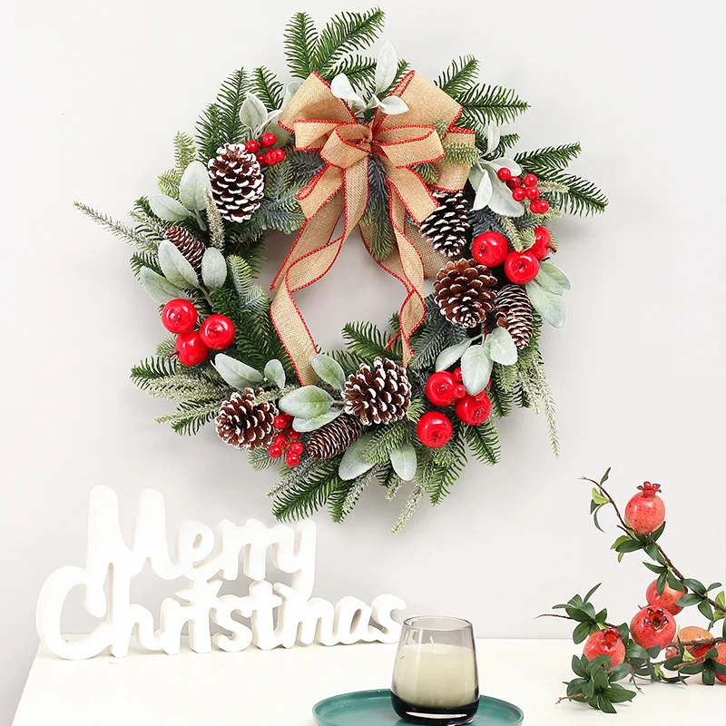 

50cm Christmas Wreath With Bow Artificial Pine Cones Berries Holiday Windows Front Door Hanging Decoration For Home Ornament