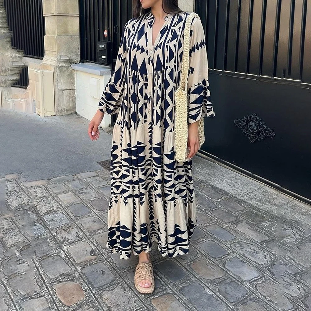 

2023 Atutumn Elegant Maxi Dress Women Casual Streetwear Vintage Geometric V Neck Boho Beach Long Loose Dresses Female Vestidos