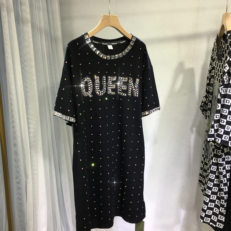 

Women Hot Drilling Queen Letters Diamonds Beaded T-shirts Dress Luxury Black Rhinestones Medium Length Tees Dress Vestidos Tops