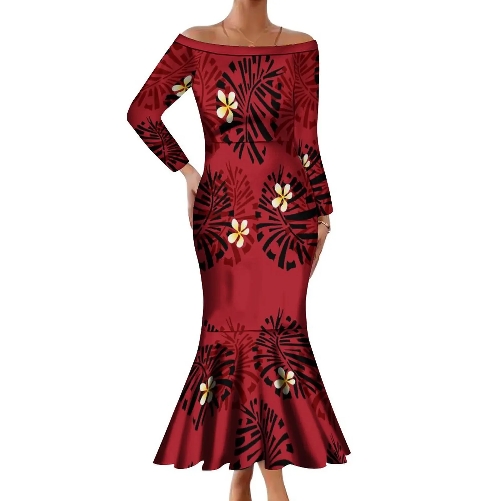 Женское платье с открытыми плечами длинным рукавом и винтажным принтом