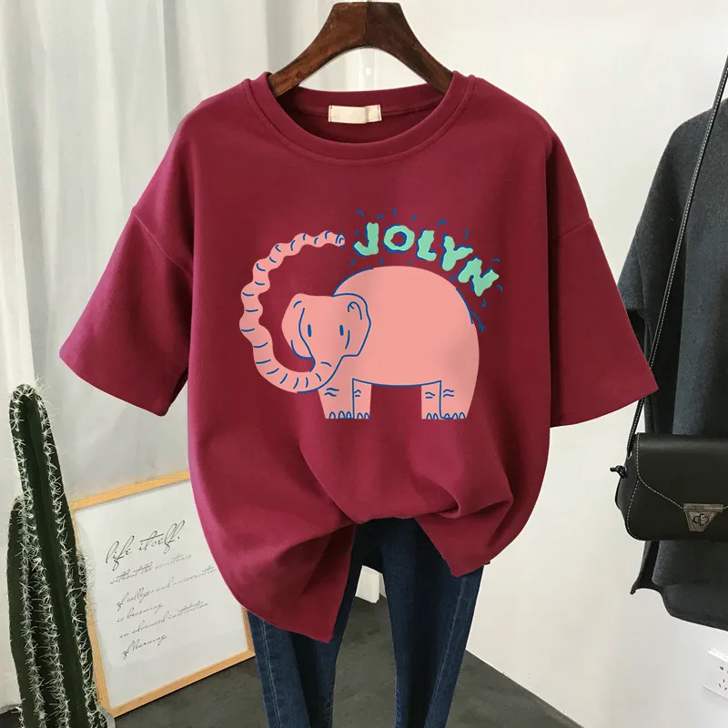 

DAYIFUN Oversized T Shirts 100% Cotton Plus Size T Shirt Summer Top Tees Elephant Print O Neck L-6XL Short Sleeve Tshirt Women