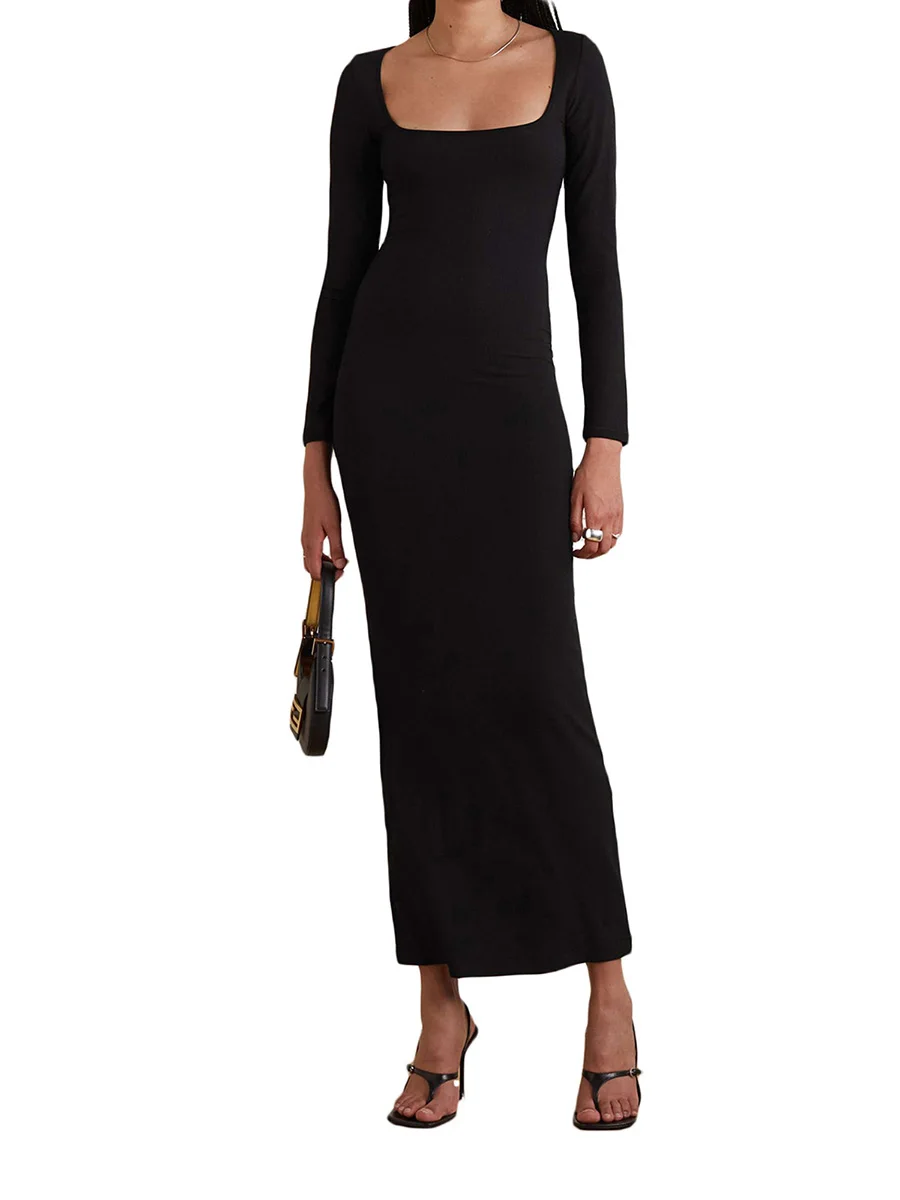 

Женское облегающее однотонное платье с длинным рукавом и квадратным вырезом