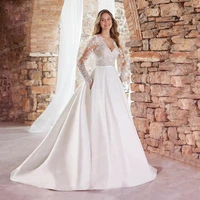 satin princess long sleeve wedding dress for bride button back applique sweetheart neck floor length bohemian bridal gown a line