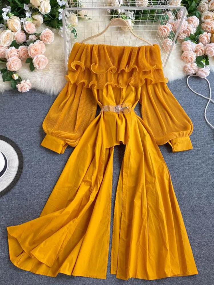 

Summe Sexy Slash Neck Shirt Women Pleated Double Ruffles Lantern Sleeve Blouse With Belt Candy Colors Chic Femme Blusas