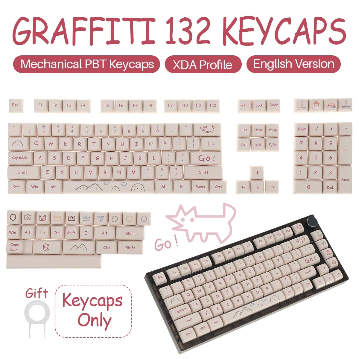 

132 Keys XDA PBT Dye Sub Keycaps Graffiti Cartoon Theme Minimalist For Cherry GMMK Pro Mechanical Keyboard XDA Keycaps 61 68 89