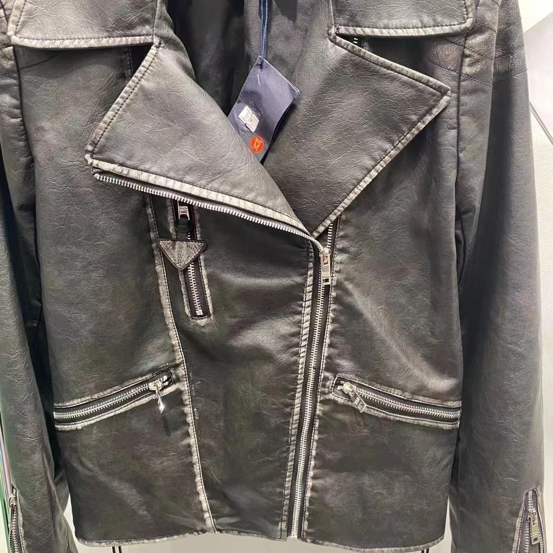 23AW NEW Fashion Women's Vintage Loose Faux Leather Outdoor Motorcycle Black Zipper Laper Jacket PU Imitation Leather Loose Coat