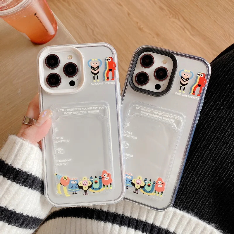 

New Cute monster 3 In 1 Card Pocket Clear Case For iPhone 13 14 Pro Max 12 11 Soft Shockproof Funda X XR XS Cover 7 8 Plus Coque