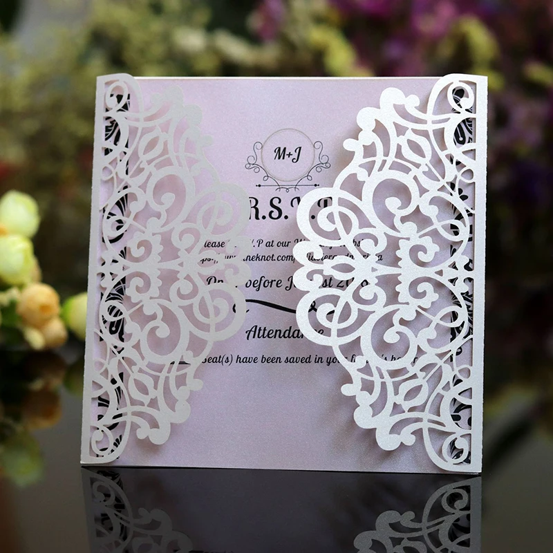 

50Pcs Glitter Paper Wedding Invitation Card with Envelope Pocket Greeting Cards Laser Cut for Mariage Anniversary Party Supplies