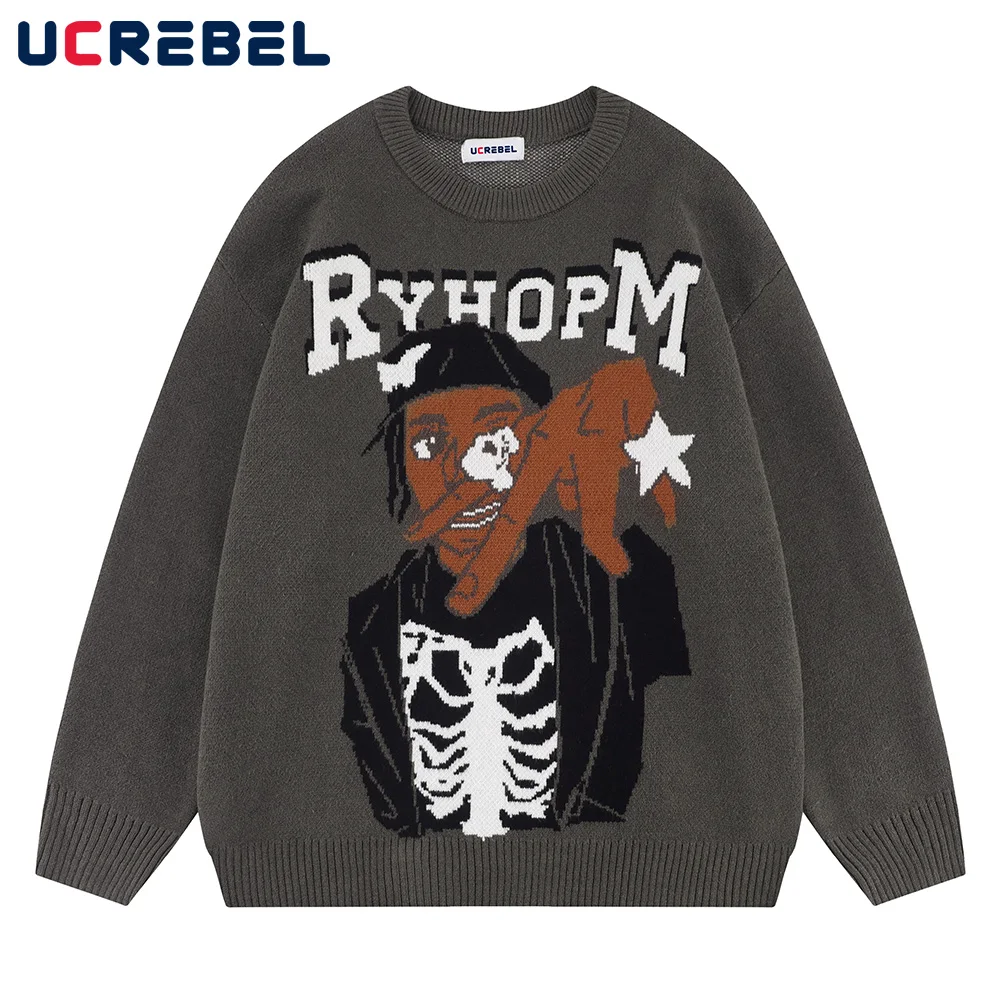 

Мужской Жаккардовый Пуловер с мультяшным рисунком, осенний свитер с круглым вырезом и надписью, уличная одежда, мужской свитер свободного п...