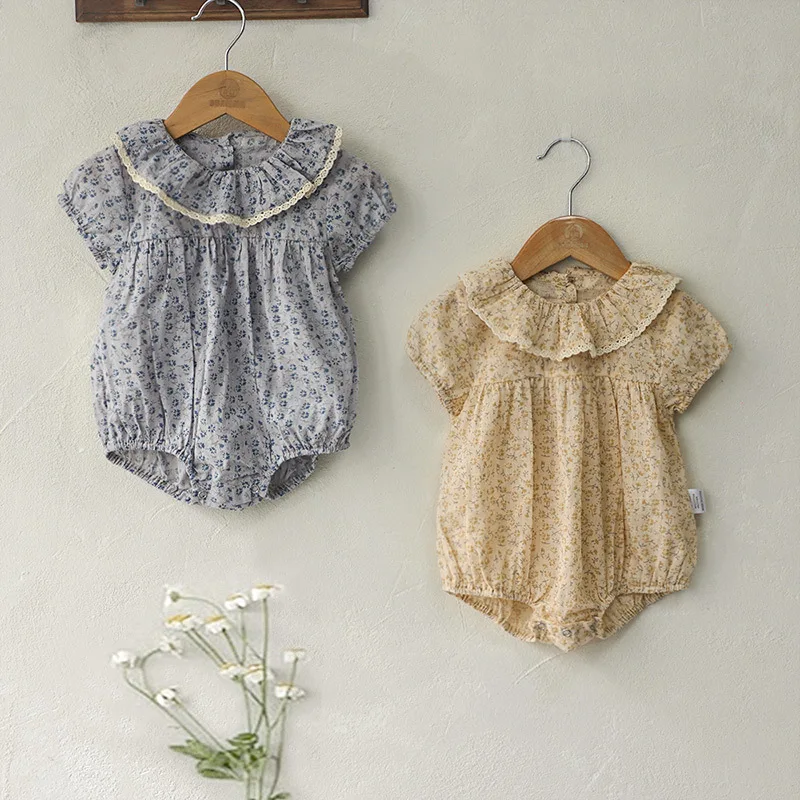

Newborn Baby Girl Retro Floral Lotus Leaf Collar Puff Sleeves Jumpsuit Fashion Breathable Lace Cotton Toddler Girls Bodysuit