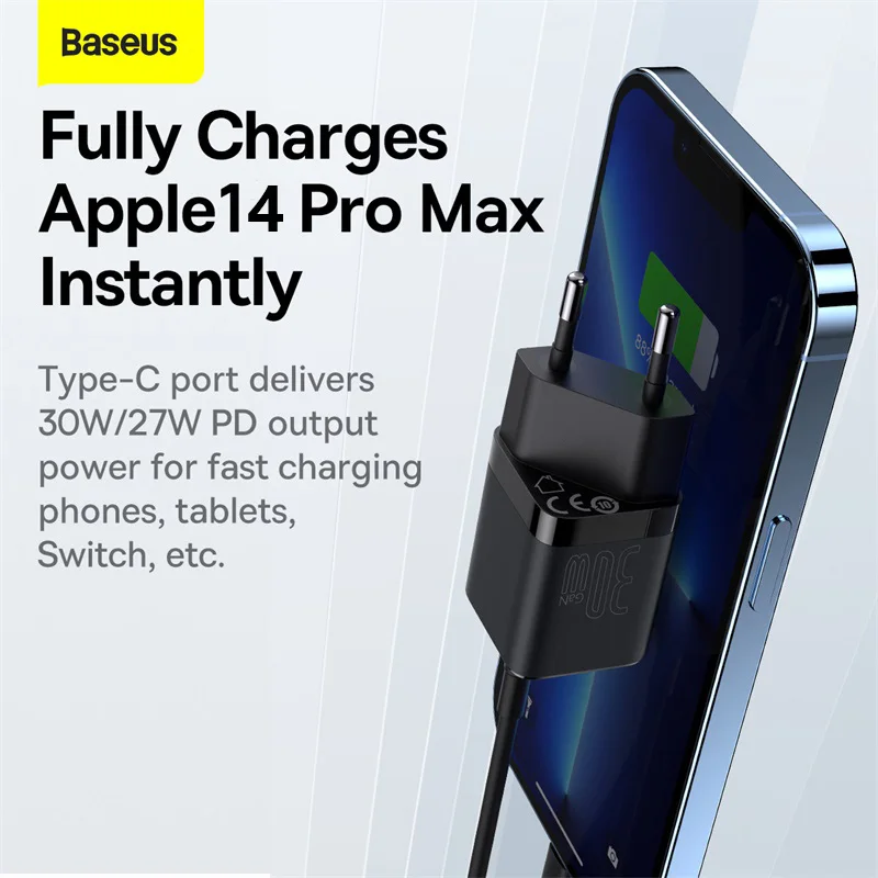 Baseus GaN Fast Charger 30W PD USB C Charger Adapt For iPhone 14 13 Pro Max Macbook Quick Charge For Xiaomi Mobile Phone Charger