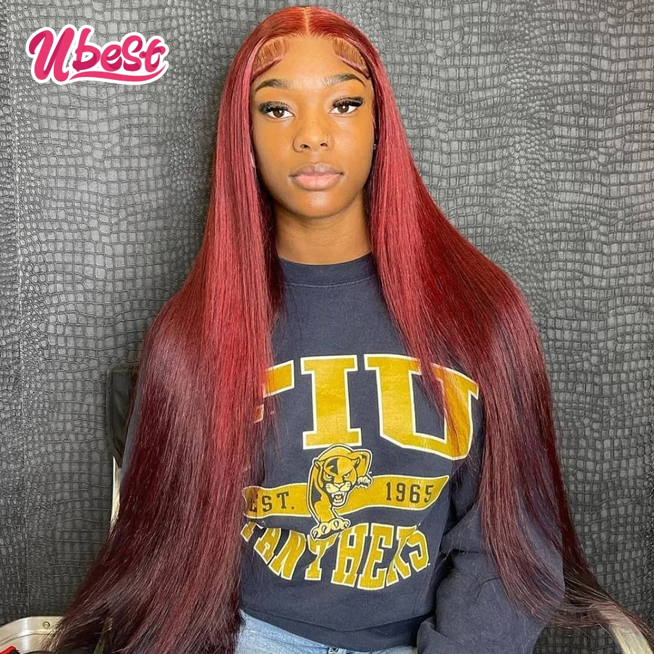 Wine Red 13×4 Lace Frontal Wig For Women Pre-Plucked Transparent Ombred Red Color Malaysian Straight Lace Front Human Hair Wigs