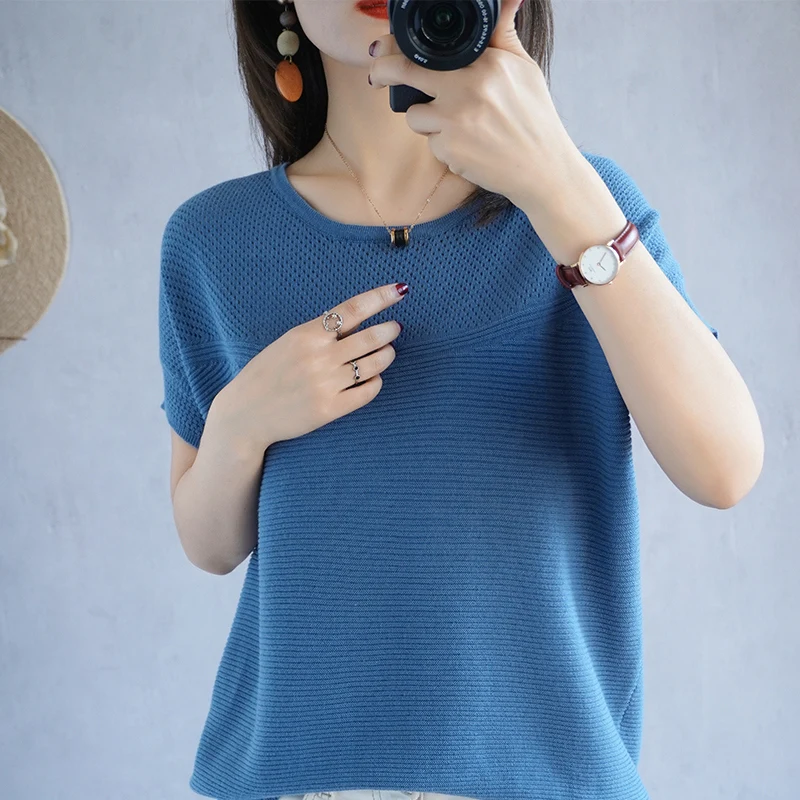YSC 2022 летние женские свитера из 100% чистого хлопка круглый вырез короткий рукав