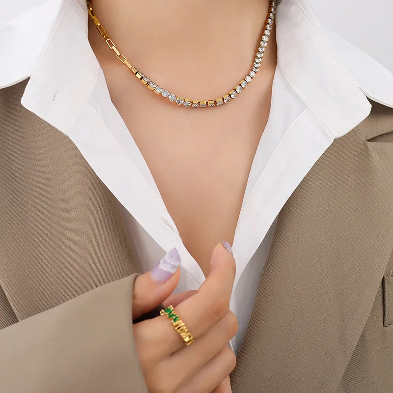 

Hot Fashion New Gypsophila Zircon Stainless Steel Splicing Chain Necklace Love Jewelry for Woman Party Gift Wholesale