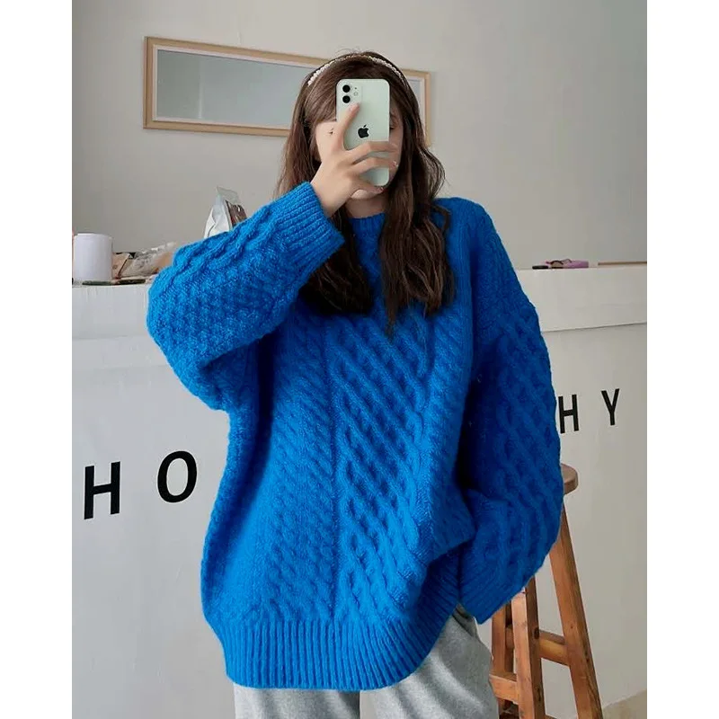 

Синий ретро свитер женский новый зимний свободный и ленивый свитер утепленный пуловер женские зимние свитера