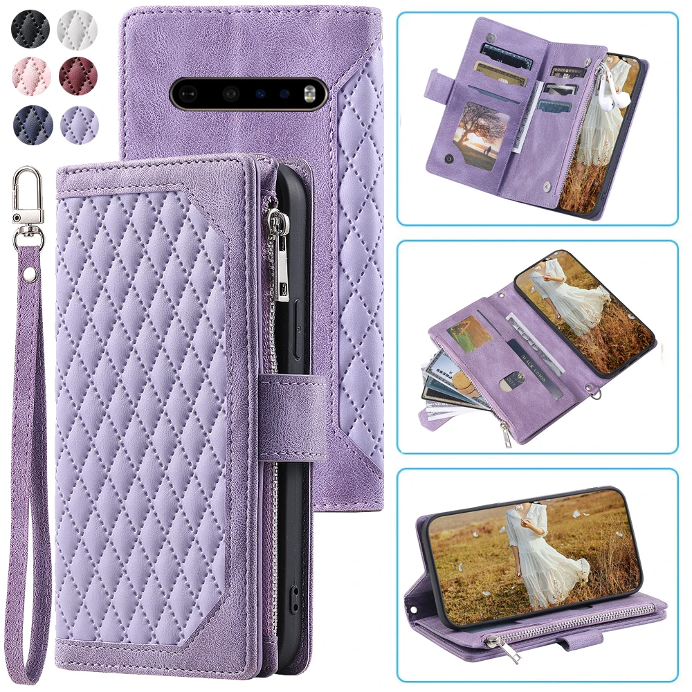 

Fashion Zipper Wallet Case For LG V60 ThinQ 5G Flip Cover Multi Card Slots Cover Phone Case Card Slot Folio with Wrist Strap