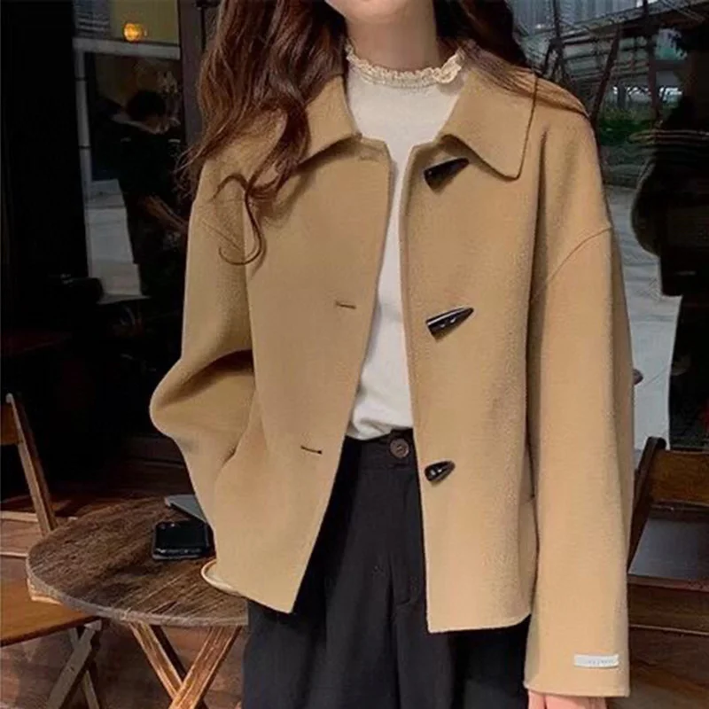 

2022 Horn buckle 99% Wool Loose jacket Coat For Women's Double -sided Pure Color Pure Jacket Women's Double -sided Woolen Coat