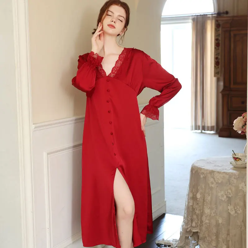 The New High Quality Sexy Women NightwearIce Sleep Dress Silk Nightdress French Vintage Nightgowns Princess Long Skirt Sleepwear
