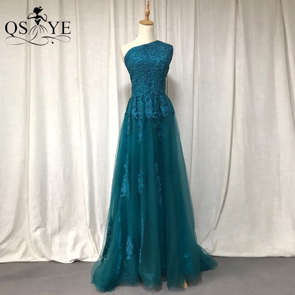 

One Shoulder Green Tulle Prom Dresses Lace A line Evening Gown Darkslategray Party Dress Zipper up Princess Girl Formal Gown