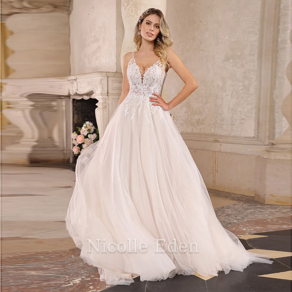 

Nicolle Eden Gorgeous Spaghetti Strap A Line Wedding Dresses For Women Lace Appliques Bridal Gown Robe De Mariée Custom Made