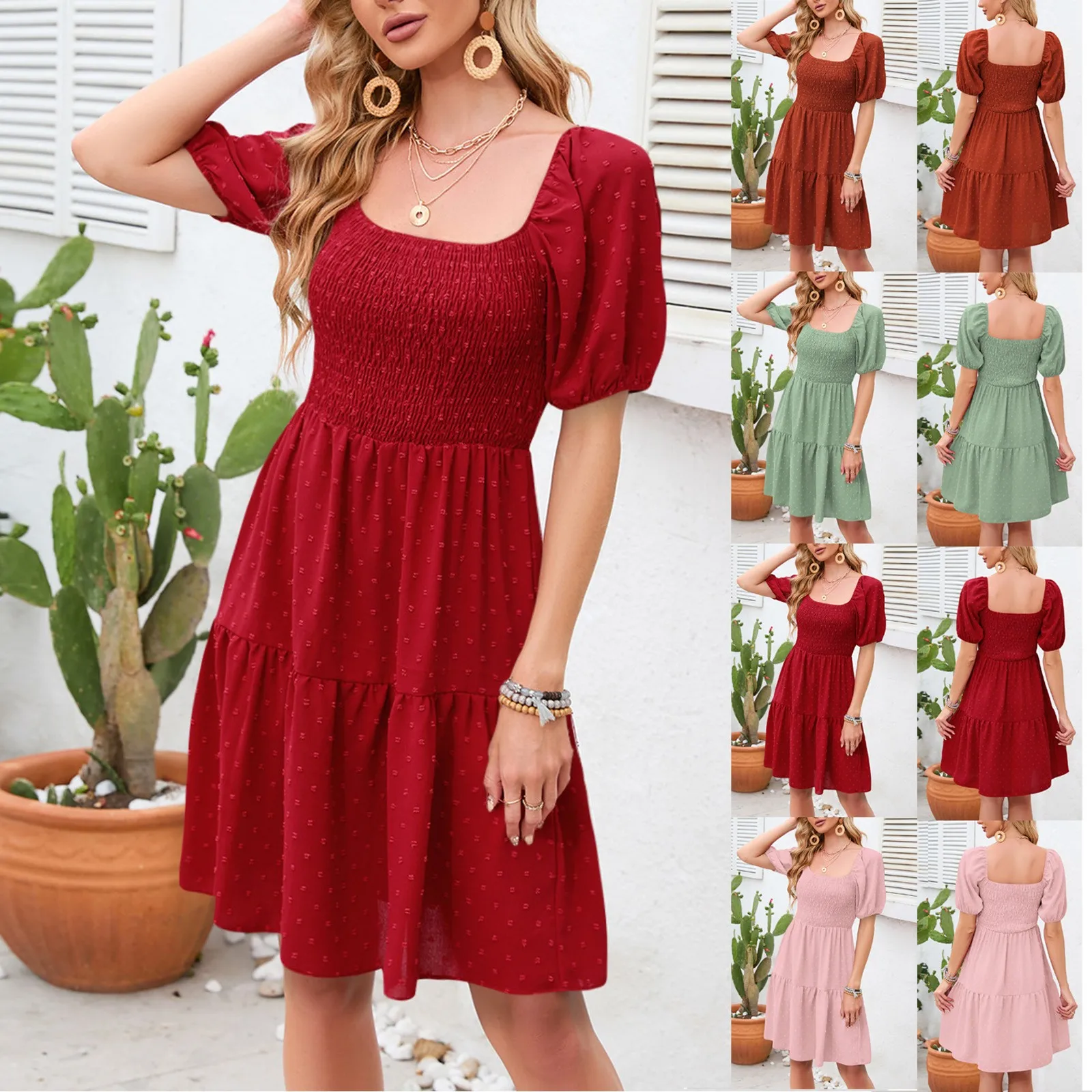 

Женское модное сексуальное платье в стиле ретро, однотонное пляжное летнее платье с коротким рукавом, квадратным вырезом и коротким рукавом