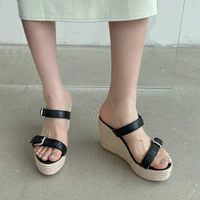 women slippers black buckle high heels summer sandals casual platforms wedge shoes 2022 bohemian linen weaving wedges