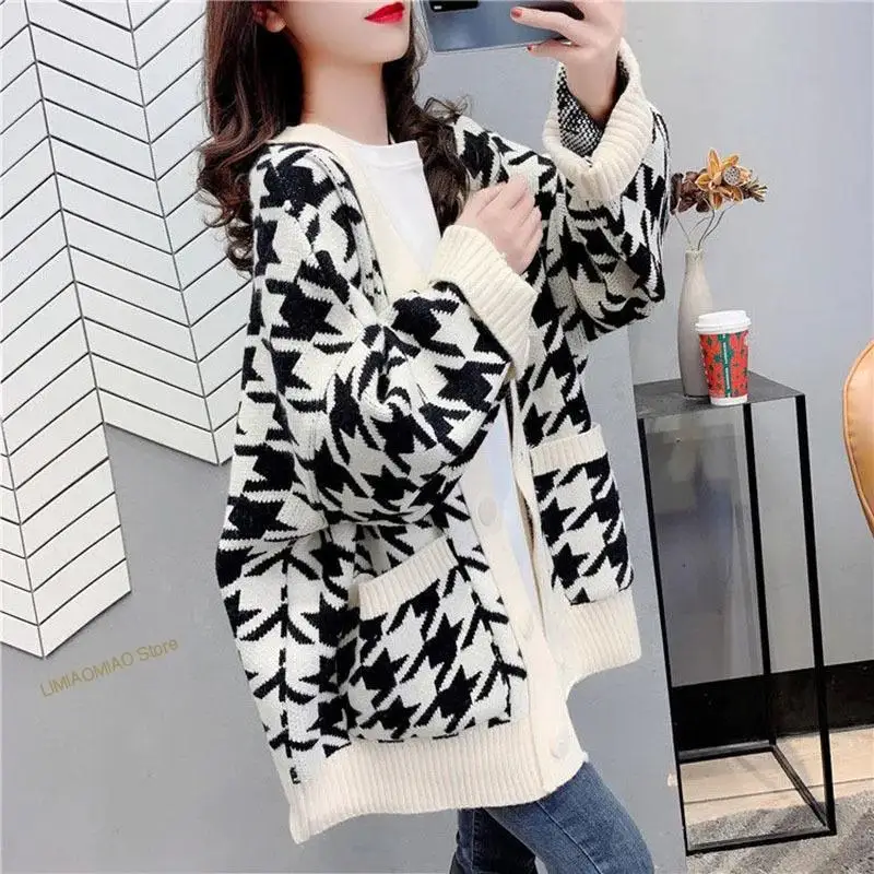 

Houndstooth Knit Sweater Casual Cardigans Women Purple Orange White V-neck Single Breasted Loose Knitwear Sueter Mujer Autumn